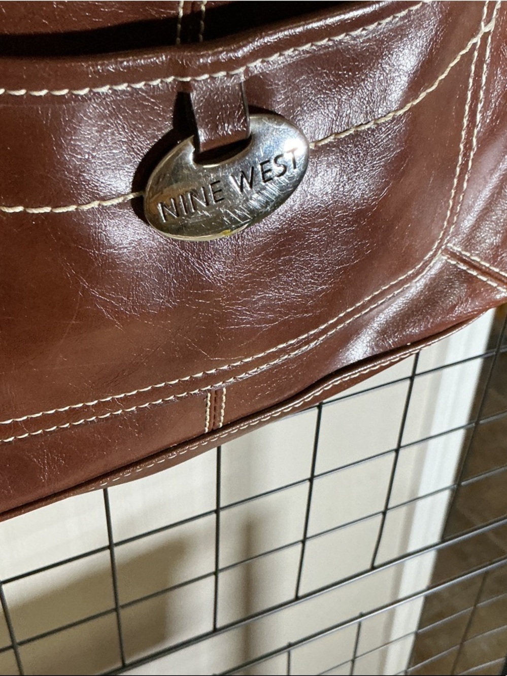 Nine West Brown Leather Top Handle Handbag Classic Structured + Scarf Accent - Picture 3 of 7